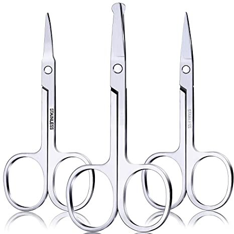 Mudder 3 Pcs Nose Hair Rounded Scissors Facial Moustache Beard Beauty Trimming Grooming Scissors Small Curved Tip Stainless Steel Scissors for Eyebrows Ear Hair Men & Women