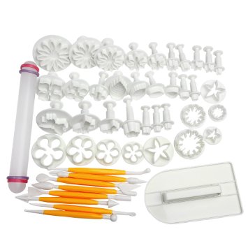 Uten® 46pcs Fondant Sugarcraft Cake Decorating Plunger Cutters Icing Modelling Tool Kit Set with Rolling Pin, Smoother, Embosser Mold Mould Tools