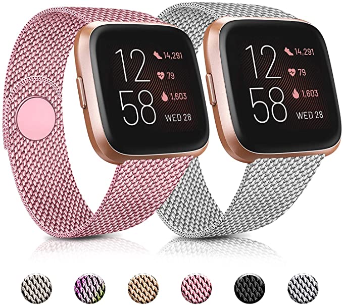 Pack 2 Metal Loop Bands Compatible for Fitbit Versa 2 / Fitbit Versa SE/Fitbit Versa Lite, Stainless Steel Mesh Breathable Wristband with Adjustable Magnet Lock (Silver   Rose Pink, Large)