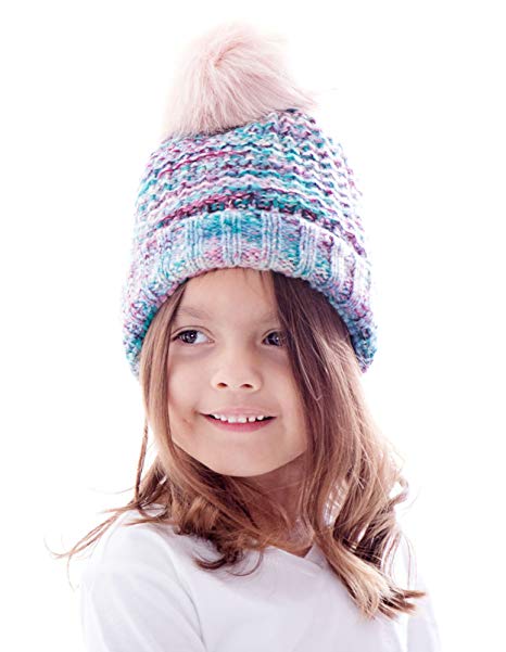 Arctic Paw Heathered Girls Children Mommy&me Multicolor Cable Knit Pompom Beanie