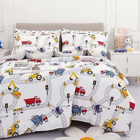 Viviland Twin Single Comforter Set for Boys,Girl Kids Brushed Microfiber Twin Single Bedding Set, 5 Pieces Machine Washable Bed in A Bag with Soft Comforters, Sheet Set, Shams, Excavator Car Printed