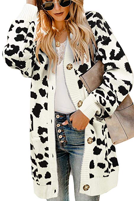 Foshow Women’s Leopard Sweater Cardigan Casual Long Sleeve Open Front Coat with Pockets
