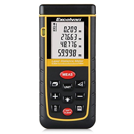 Excelvan Newest Handheld Laser Distance Meter with Bubble Level Rangefinder Range Finder Tape measure 0.05 to 60m (0.16 to 196ft) Large LCD with Backlight - Black&Yellow