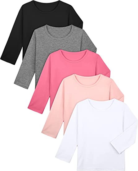 Cooraby 5 Pack Girls' Long Sleeve Tees Kids T-Shirts Soft Toddler Girls Crewneck T-Shirts