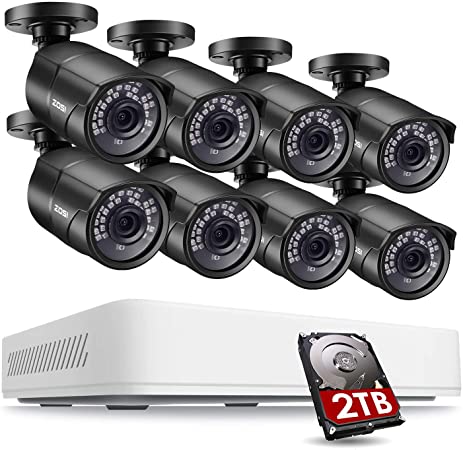 ZOSI 5MP 2K Home Security Camera System Outdoor Indoor, H.265  8 Channel DVR with Hard Drive 2TB and 8 x 2K(5MP) Weatherproof Surveillance Bullet Cameras with 120ft Night Vision, 110° View Angle