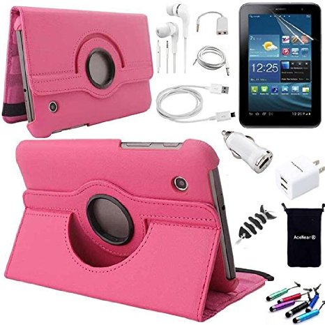 AceNear Accessory Bundle For LG G PAD 7.0 V400 7 inch Tablet - New 360 Degress Rotating Stand Leather Folio Case Cover , Headset Dust Plug Capacitive Stylus, Screen Protector, USB Cable, Charger, Earphone, bag, Car Charger Adapter - pink