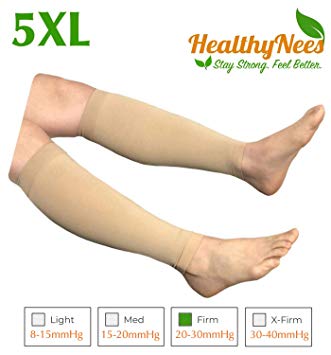 HealthyNees Shin Calf Sleeve 20-30 mmHg Medical Compression Circulation Extra Wide Plus Size Big Tall Leg Thick Calves Firm Support (Beige, Extra Wide Calf 5XL)