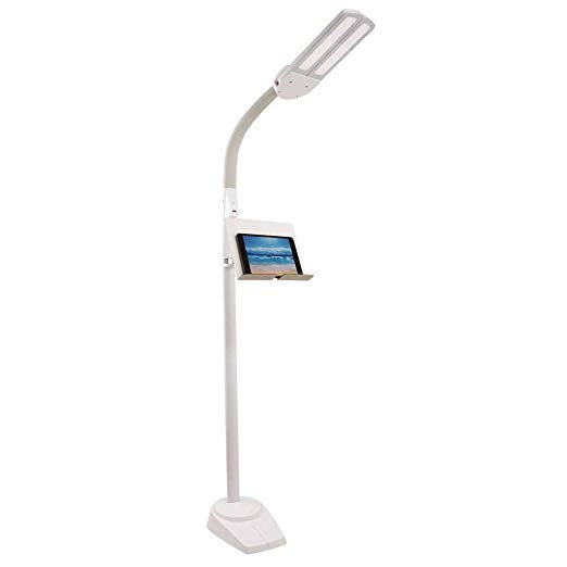 OttLite Dual Shade LED Floor Lamp with 2.1A USB Charging Port, Adjustable Stand, White