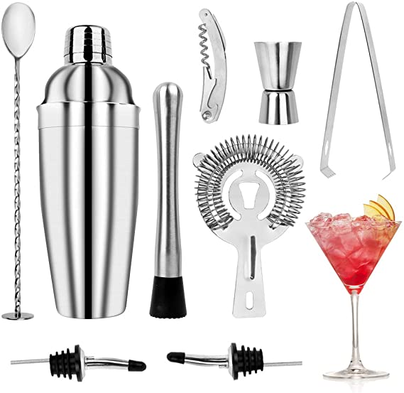 Cocktail Shaker kits，WOVTE 9 Piece Cocktail Shaker Bar Set 750ml， Cocktail Making Set with Bar Mixing spoon, Wine mixer, Bottle openers Knife, Broken Popsicle, Liquor Pourers, Ice clip, Measuring cup Professional Bartender Drink Making Tools