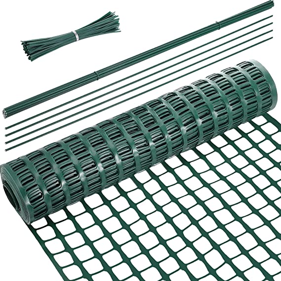 Plastic Garden Fencing Roll Safety Construction Outdoor Mesh Fence Garden Netting 2 Feet x 50 Feet 1.2 Inch Mesh with 15 Pcs Coated Iron Wire Support Stakes 100 Pcs Cable Ties for Gardening (Green)