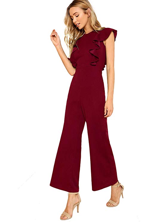 Romwe Women's Sexy Casual Sleeveless Ruffle Trim Wide Leg High Waist Long Jumpsuit