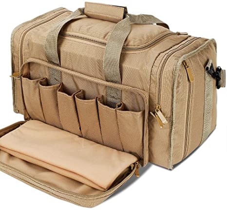 SoarOwl Tactical Gun Range Bag Shooting Duffle Bags for Handguns Pistols with Lockable Zipper and Heavy Duty Antiskid Feet (Tan)