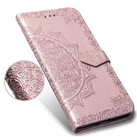 Galaxy S9 Plus Case,S9  Plus Wallet Case,Luxury Henna Mandala Floral Flower PU Leather Flip Phone Protective Case Cover with Credit Card Slot Holder Kickstand for Samsung Galaxy S9 Plus,Rose Gold