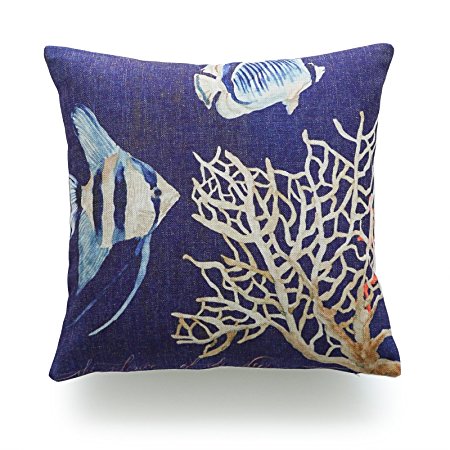 Hofdeco Decorative Throw Pillow Cover HEAVY WEIGHT Cotton Linen Vintage Sea Life Indigo Tropical Fish Coral 18"x18" 45cm x 45cm