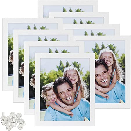 Sindcom 8x10 Picture Frame, White Wood Textured Photo Frames Collage, with Mat and Glass Face, Mounting Hardware Included, for Wall or Tabletop Display, Set of 8