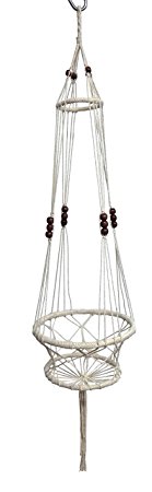 4 Legs Macrame Cotton Plant Hanger & Holders with Bamboo Ring Inside and Brown Wood Bead Decoration for Plant Pot . Natural Color, 31-inches Length (Beige)