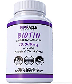 Biotin Complex 20000mcg - 180 Capsules with Copper, Zinc and Vitamin C - Supports Normal Hair Growth and Colour