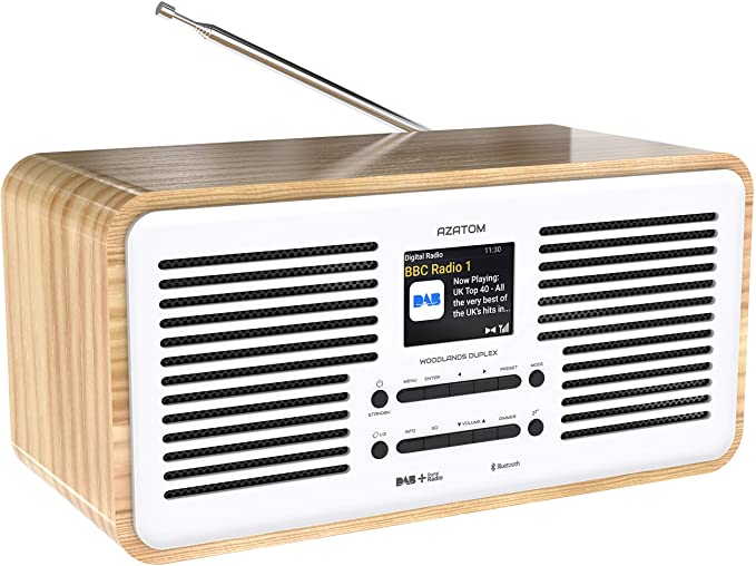 Azatom Duplex DAB  FM Digital Radio & Alarm Clock - Bluetooth 5.0 - Stereo Speaker - Twin Alarms - Colour LCD Display - USB Mobile Phone Charging - Premium Sound (Oak)