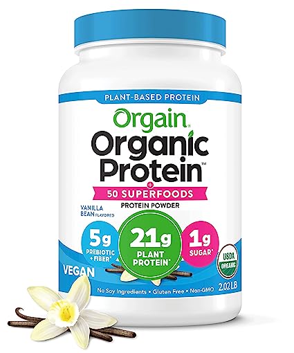 Orgain Organic Protein   Superfoods Powder, Vanilla Bean - 21g of Protein, Vegan, Plant Based, 5g of Fiber, No Dairy, Gluten, Soy or Added Sugar, Non-GMO, 2.02lb