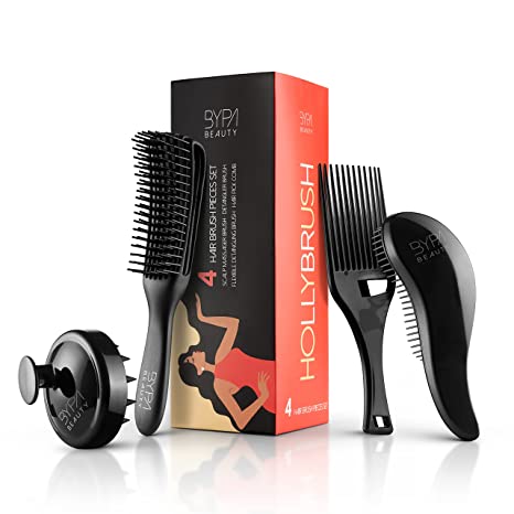 Detangling hair brush set | 4PCS with gift box | Styling hair brush for women and men | Hairbrush for coily, wave, thick, black, Natural, Straight, Fine, Wet or Dry hair | Include: scalp massager/shampoo brush, detangler hair brush, flexible detangling brush, afro pick comb | Pain free adds shine, anti frizz | Gift for women