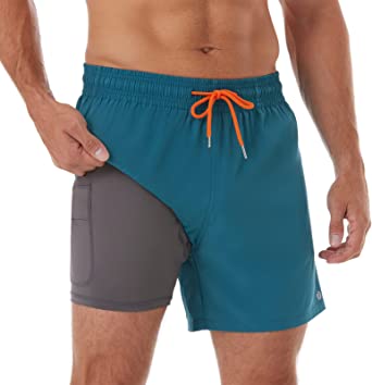 BRISIRA Swim Trunks Men Quick Dry Swim Shorts 5 inch Inseam Stretch Water Beach Shorts with Compression Liner Zipper Pocket