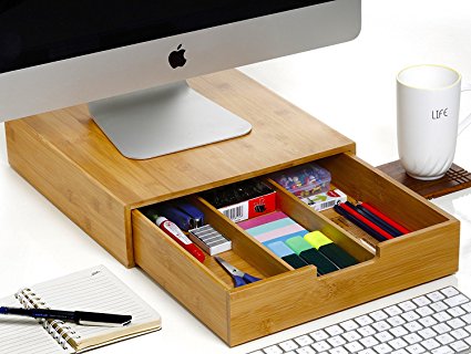 Monitor stand organizer - Splinter Boost - Bamboo wood desk computer stand with storage drawers