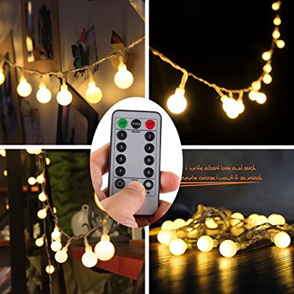 [Remote & Timer] 5 Meter 50 LED Outdoor Globe String Lights 8 Modes Battery Operated Frosted White Ball Fairy Light (Warm White)