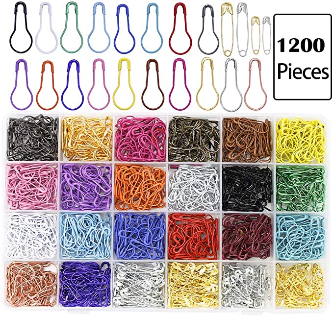1200 Pcs 22 Colors Metal Safety Pins,Bulb Gourd Pins Pear Shaped Pins for Knitting Stitch Markers, Sewing Clothing DIY Craft Making with Storage Box