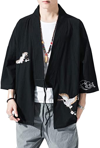 PRIJOUHE Men's Kimono Jackets Cardigan Lightweight Casual Cotton Blends Linen Seven Sleeves Open Front Coat Outwear