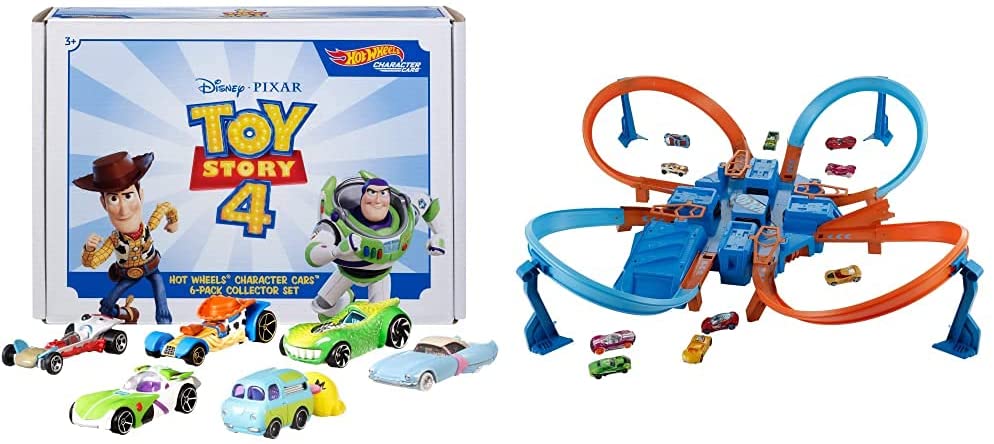 Hot Wheels Disney and Pixar Toy Story 4 Character Cars 1:64 Scale Woody, Buzz Lightyear, Bo Peep, Forky, Ducky and Bunny & Criss Cross Crash Track Set [Amazon Exclusive]