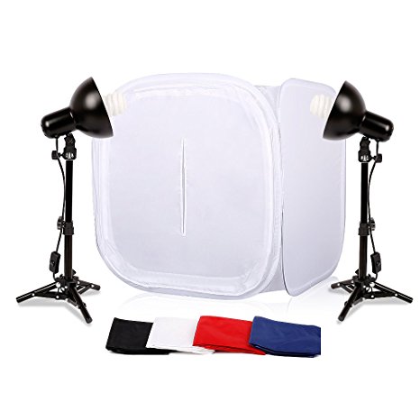 Table Top Photo Studio Shooting Tents Kit 16 x 16 (40 x 40cm) Photography Lighting Studio Box with 4 x Backdrops (Black White Red Blue), 2 x 15inch Light Stands, 2 x 45W Bulbs