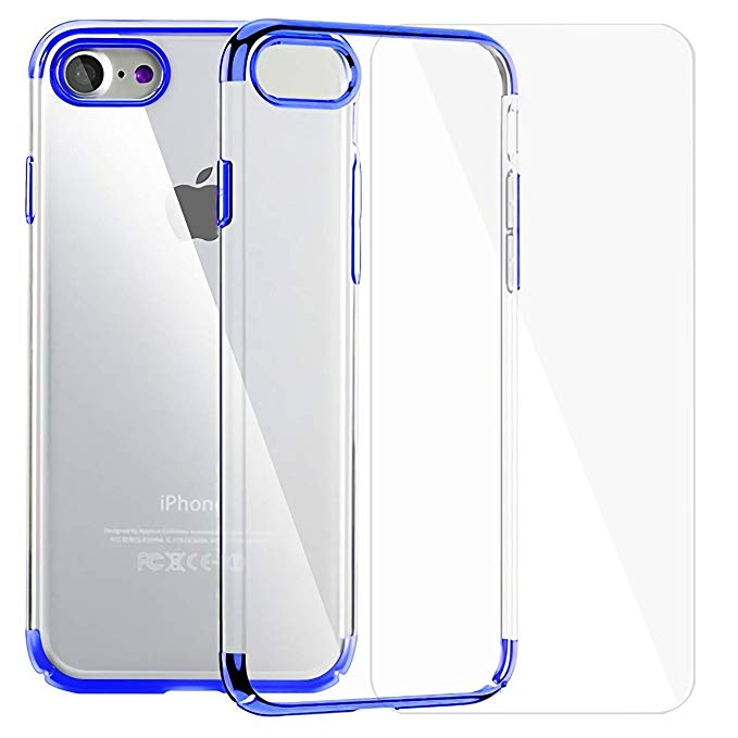 iPhone Case and Screen Protector Set Crystal Clear TPU Cover Case with Soft Shock Absorption Bumper and Tempered Glass Screen Protector for iPhone 7/8 (Blue)