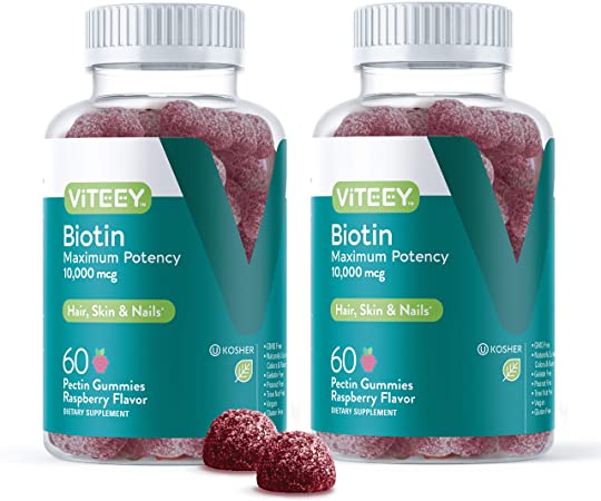 [60 Count 2 Pack] Biotin Gummies 10,000mcg - Highest Potency Vitamin B7 & H for Healthy Hair Growth, Skin & Nails - Dietary Supplement, Vegan, Pectin Gummy - for Adults Teens & Kids -Raspberry Flavor