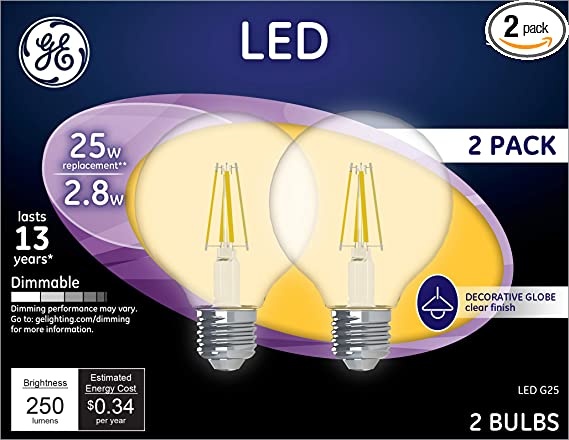 GE Lighting 23049 Clear Finish Light Bulb Dimmable LED G25 Decorative Globe 2.8 (25-Watt Replacement), 250-Lumen Medium Base, 2-Pack, Soft White, 2 Count