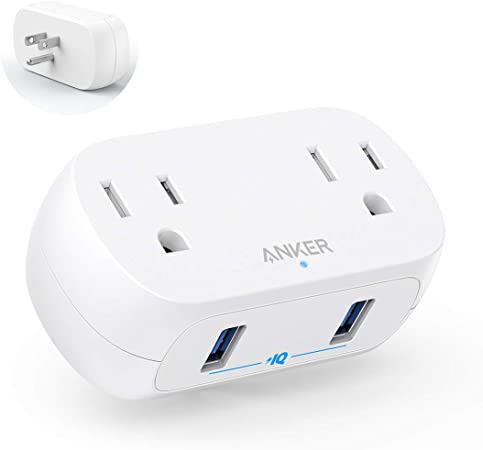 Anker AC Outlet and USB Wall Plug, PowerExtend USB Plug 2 Mini Wall Charger with 2 outlets, 2 USB Ports and PowerIQ Technology