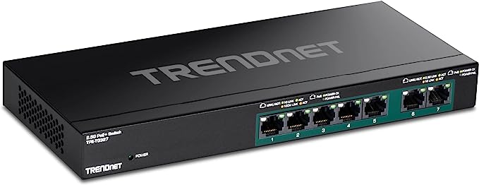 TRENDnet 7-Port Multi-Gig PoE  Switch, 5 x 1G RJ-45 PoE  Base-T Ports, 2 x 2.5G RJ-45 PoE  Ports, 20Gbps Switching Capacity, Network Ethernet Switch, Lifetime Protection, Black,TPE-TG327