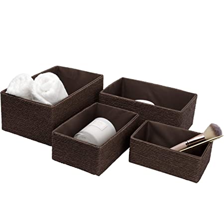 LA JOLIE MUSE Paper Rope Woven Storage Basket Set of 4 with Fabric Liner, Stackable Multipurpose Organizer Bin, Brown