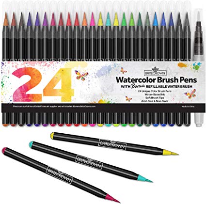 Watercolor Brush Pens – Includes 24 Colorful Watercolor Markers (Flexible Nylon Brush Tips) with 1 Refillable Water Blending Brush | Watercolor Paint Pens Art Supplies for Teens, Kids and Adults