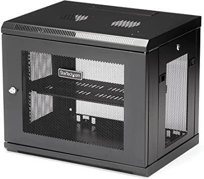 StarTech.com 2 Post 9U 19" Wall Mount Network Cabinet - Adjustable Depth 6-15"- Locking IT Switch Depth Enclosure - Vented Computer/Electronics Equipment Data Rack w/Shelf & Hook & Loop Tape (RK9WALM)