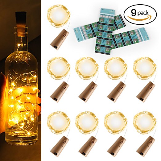 BOMEON Wine Bottles Cork Lights Copper Wire String Lights, LED Cork Lights for Bottle 9 Pack With 57 Batteries included,94.5 Inch,25 LED Bulbs for Christmas,Wedding and Party,Decor(Warm White)