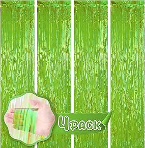 4 Pack 3.3x8.2 Feet Neon Green Foil Fringe Backdrop Curtains, Tinsel Streamers Birthday Party Decorations, Fringe Backdrop for Graduation, Baby Shower, Gender Reveal, Disco Party