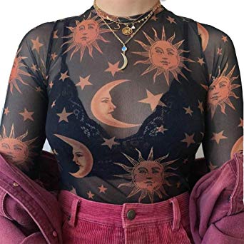 ULIAN Women's Long Sleeve Sheer Mesh Blouse Sun Moon Stars Little Angel Printed Slim Fit Sexy Crop Top