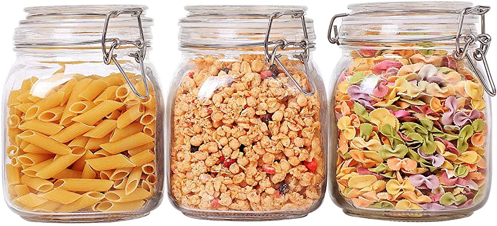 ComSaf Airtight Glass Food Storage Jar Set of 3 with Lids 34oz - Storage Canister Container Square with Clear Preserving Seal Wire Clip Fastening for Kitchen Cereal, Coffee, Sugar, Beans, Spice