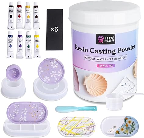 LET'S RESIN Resin Casting Powders Starter Kit, 1000g Fast Cured Odorless Casting Powder, 20~30 Minutes De-Mold, Water Activated Plaster Powder Casting Kit for DIY, Easy Mixing & Self Leveling