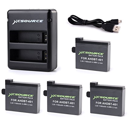 XCSOURCE 4x 1160mAh 3.8V Batteries AHDBT 401   Micro USB Charger For GoPro Hero 4 BC424