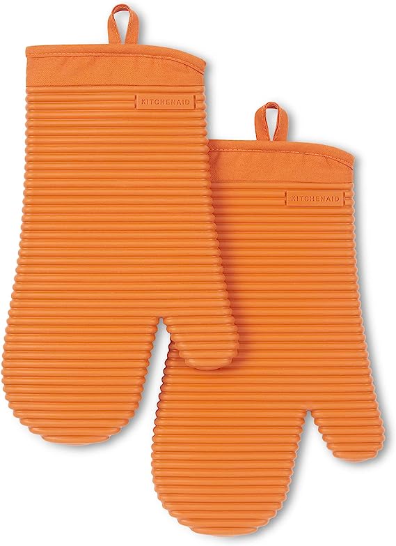 KitchenAid Ribbed Soft Silicone Oven Mitt 2-Pack Set, Honey, 7.5"x13"