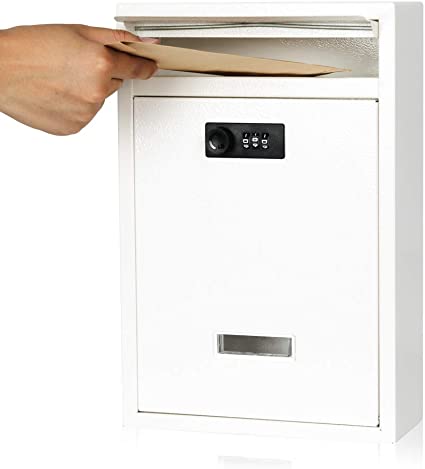 Kyodoled Locking Wall Mount Mailbox,Mail Boxes Outdoor with Combination Lock，Security Key Drop Box,12.59Hx 8.46Lx 3.35W Inches,White Large