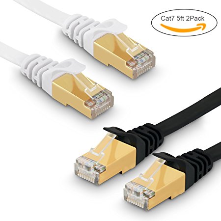 Cat 7 Ethernet Cable 5 ft 2 Pack - Fastest Cat7 Flat Ethernet Patch Cables 10GB - Internet Cable for Modem, Router, LAN, Computer, Switch - Compatible with Cat 5e, Cat 6 Network