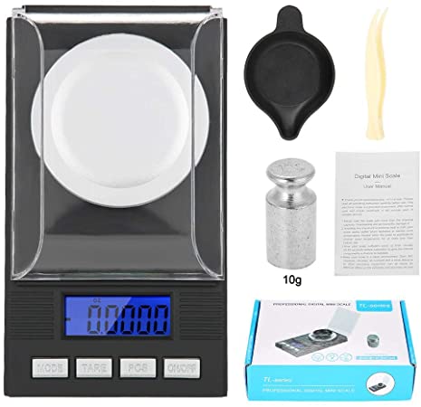 Digital Milligram Jewelry Scale, LED Digital Display Mini Portable High Precision 0.001g Pocket Jewelry Scale with Calibration Weights Tweezers and Weighing Pans (10g)