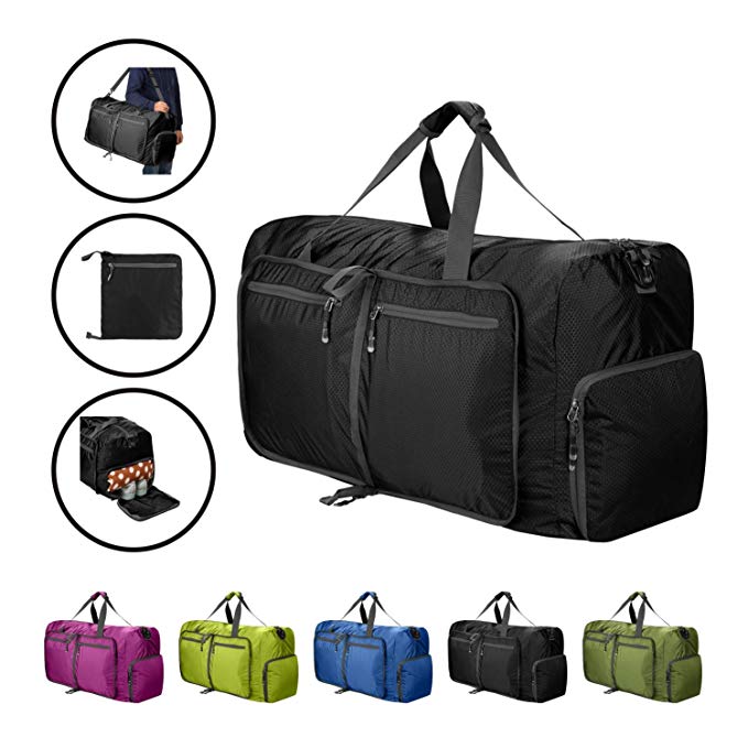 80L Duffle Bag Foldable Waterproof Large Lightweight Luggage Bag with Shoe Compartment for Camping,Gym,Travel (Black-80L)